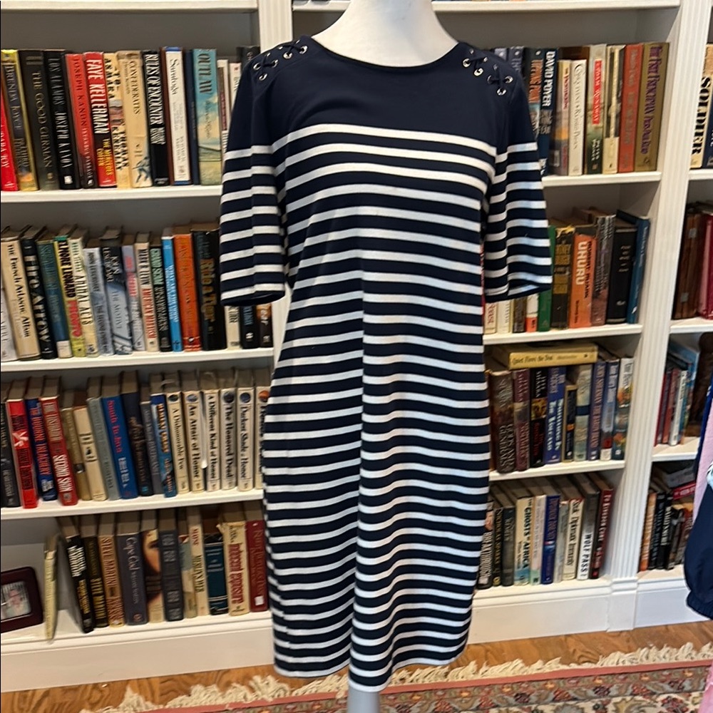 Karen Scott Sport Navy and White Striped Dress
